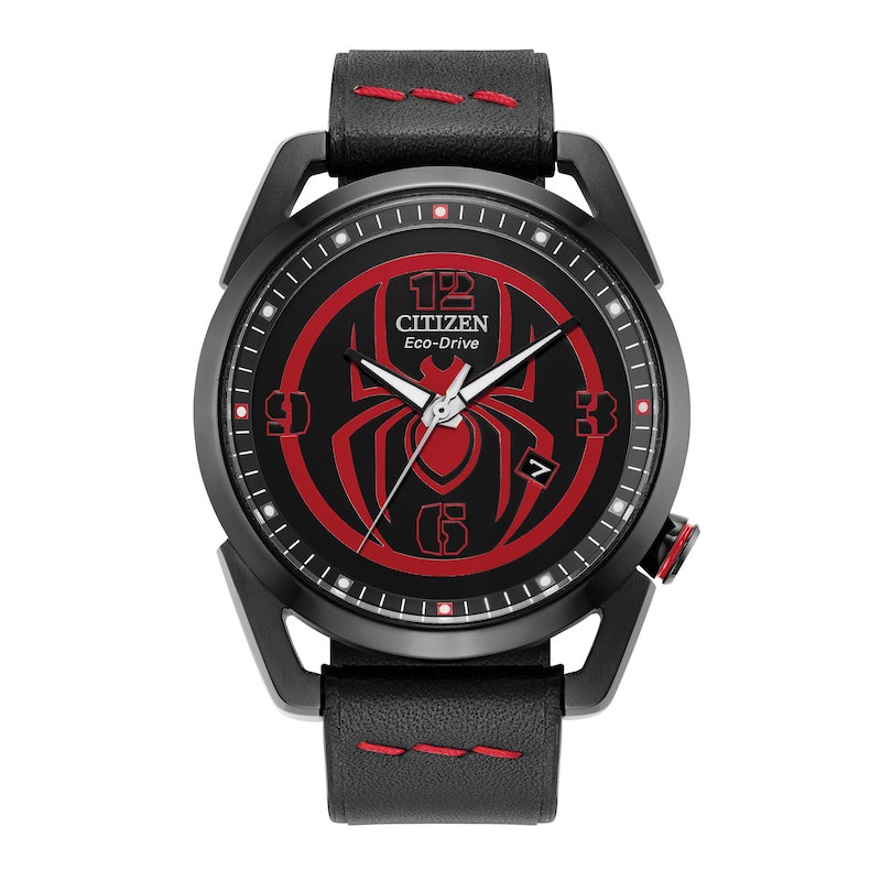 Main Image 1 of Men's Citizen Eco-Drive® ©MARVEL Spider-Man Watch with Black Logo Dial and Black Leather Strap (Model: AW1685-00W)