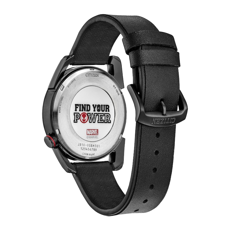 Main Image 3 of Men's Citizen Eco-Drive® ©MARVEL Spider-Man Watch with Black Logo Dial and Black Leather Strap (Model: AW1685-00W)