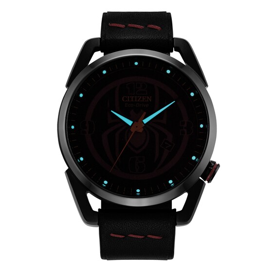 Men's Citizen Eco-DriveÂ® Â©Marvel Spider-Man Watch with Black Logo Dial and Black Leather Strap (Model: Aw1685-00W)