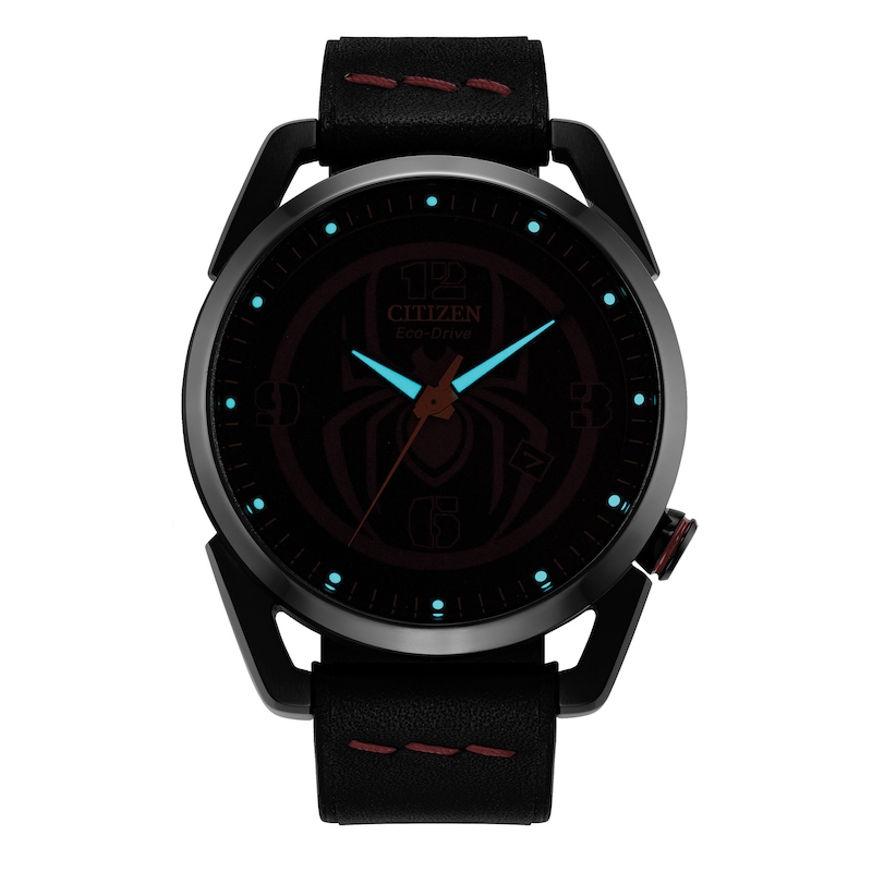 Main Image 4 of Men's Citizen Eco-Drive® ©MARVEL Spider-Man Watch with Black Logo Dial and Black Leather Strap (Model: AW1685-00W)