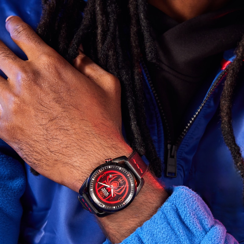 Main Image 5 of Men's Citizen Eco-Drive® ©MARVEL Spider-Man Watch with Black Logo Dial and Black Leather Strap (Model: AW1685-00W)