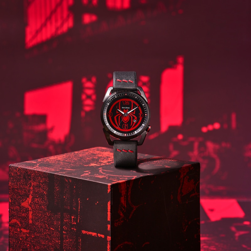 Main Image 6 of Men's Citizen Eco-Drive® ©MARVEL Spider-Man Watch with Black Logo Dial and Black Leather Strap (Model: AW1685-00W)
