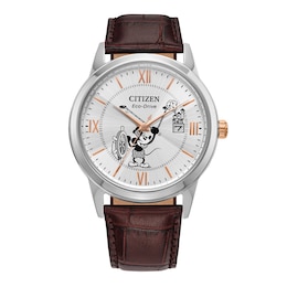 Men's Citizen Eco-Drive® Disney® Steamboat Willie Watch with Silver-Tone Dial and Leather Strap (Model: AW1788-07W)