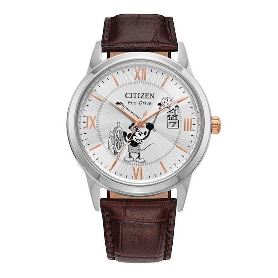 Men's Citizen Eco-DriveÂ® DisneyÂ® Steamboat Willie Watch with Silver-Tone Dial and Leather Strap (Model: Aw1788-07W)