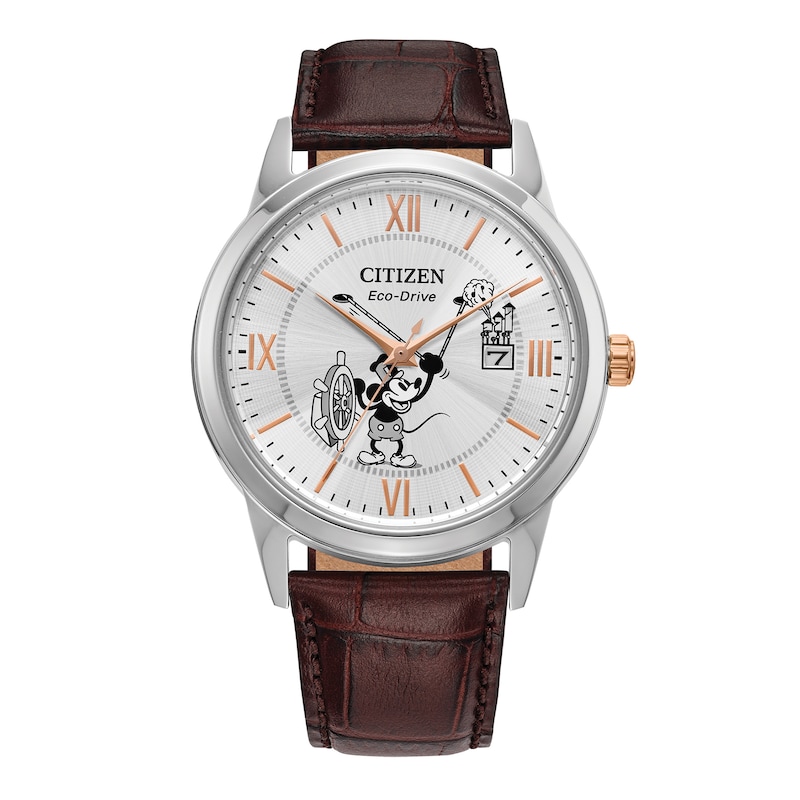 Main Image 1 of Men's Citizen Eco-Drive® Disney® Steamboat Willie Watch with Silver-Tone Dial and Leather Strap (Model: AW1788-07W)