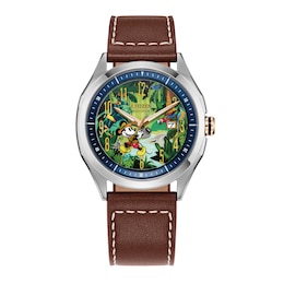 Men's Citizen Eco-Drive® Disney® Mickey Mouse Explorer Watch with Multi-Color Dial and Brown Leather Strap (Model: AW1149-06W)