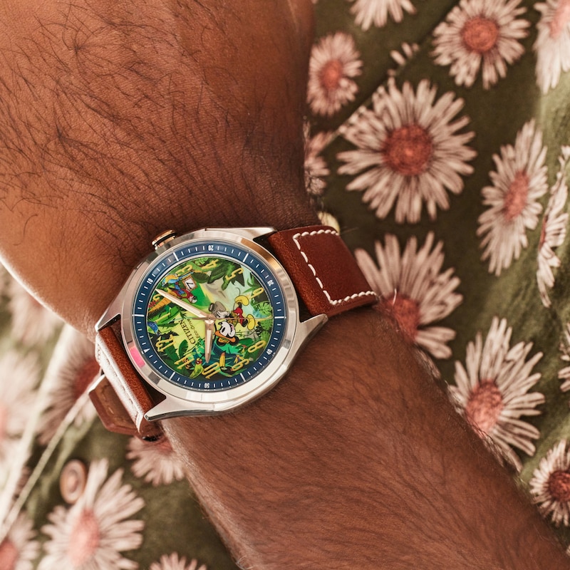Main Image 4 of Men's Citizen Eco-Drive® Disney® Mickey Mouse Explorer Watch with Multi-Color Dial and Leather Strap (Model: AW1149-06W)