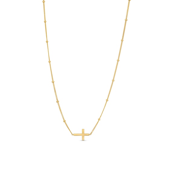 Bead Station Cross Necklace in Solid 14K Gold - 16â