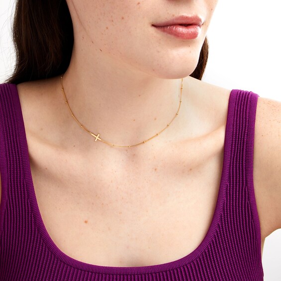 Bead Station Cross Necklace in Solid 14K Gold - 16â