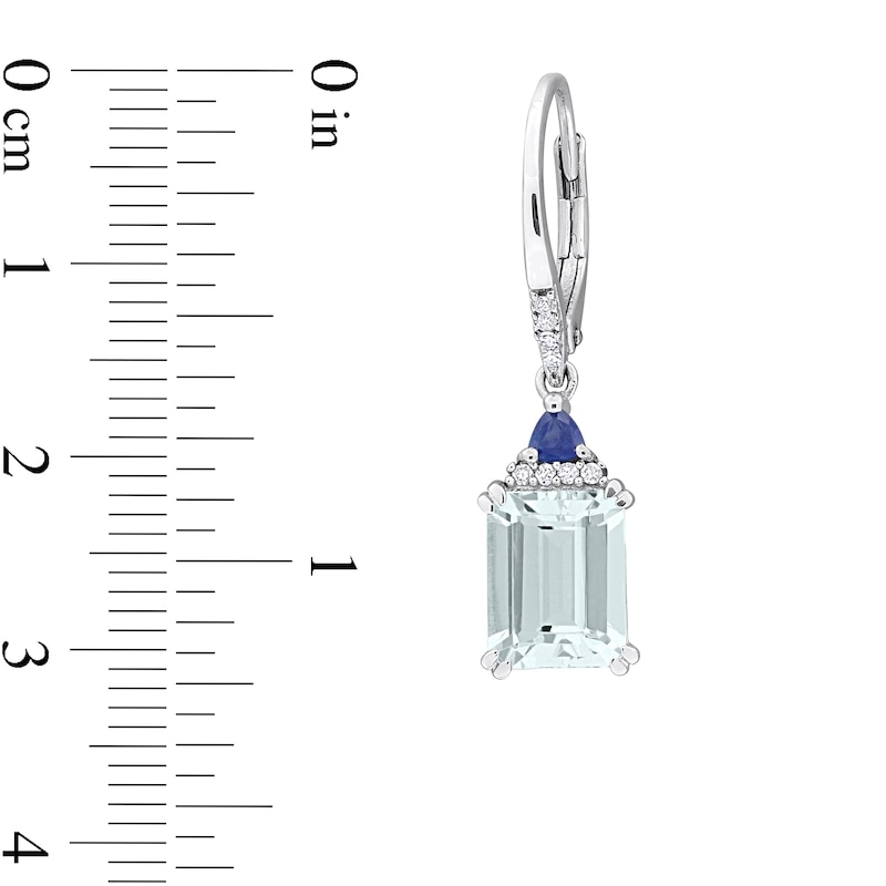 Main Image 2 of Emerald-Cut Aquamarine, Blue Sapphire and 1/15 CT. T.W. Diamond Stacked Drop Earrings in Sterling Silver
