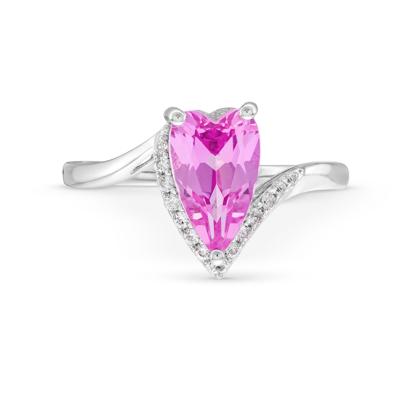 Main Image 4 of Heart-Shaped Pink Lab-Created Sapphire and White Lab-Created Sapphire Ringin Sterling Silver