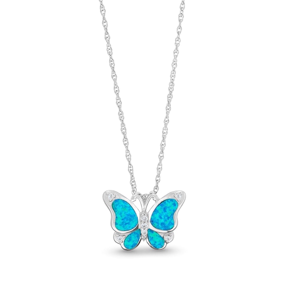 Blue Lab-Created Opal and White Lab-Created Sapphire Butterfly Pendant in Sterling Silver - 18â