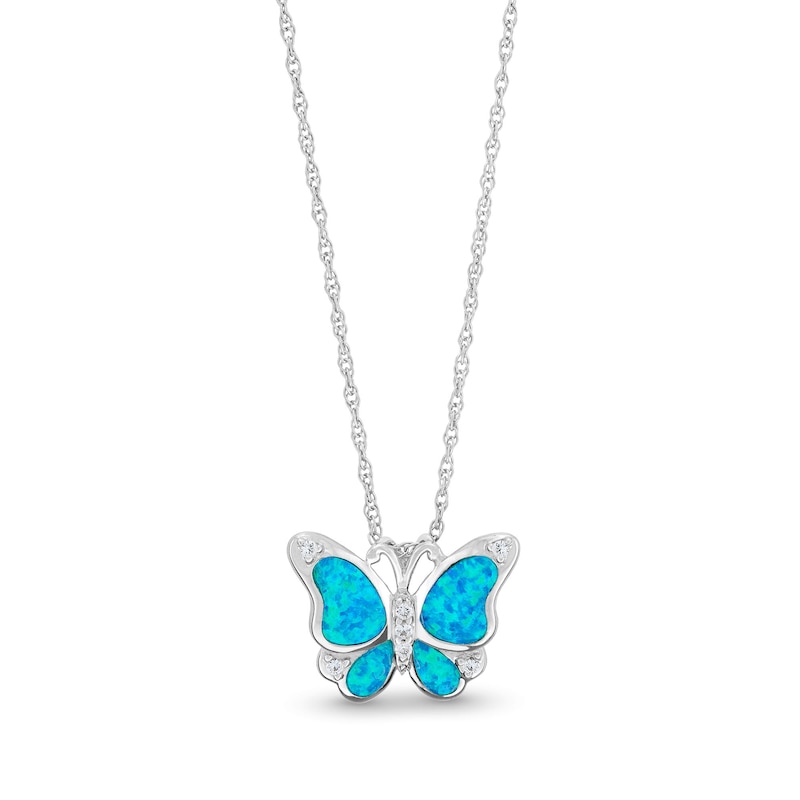 Main Image 1 of Blue Lab-Created Opal and White Lab-Created Sapphire Butterfly Pendant in Sterling Silver - 18”