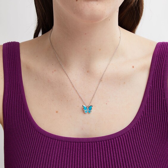 Blue Lab-Created Opal and White Lab-Created Sapphire Butterfly Pendant in Sterling Silver - 18â