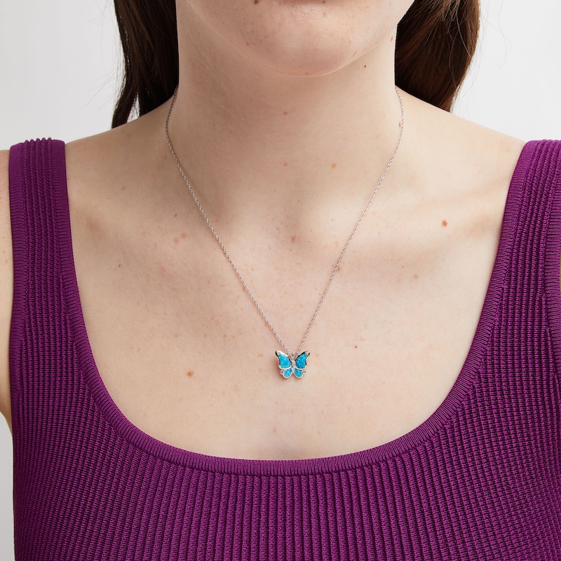 Main Image 2 of Blue Lab-Created Opal and White Lab-Created Sapphire Butterfly Pendant in Sterling Silver - 18”