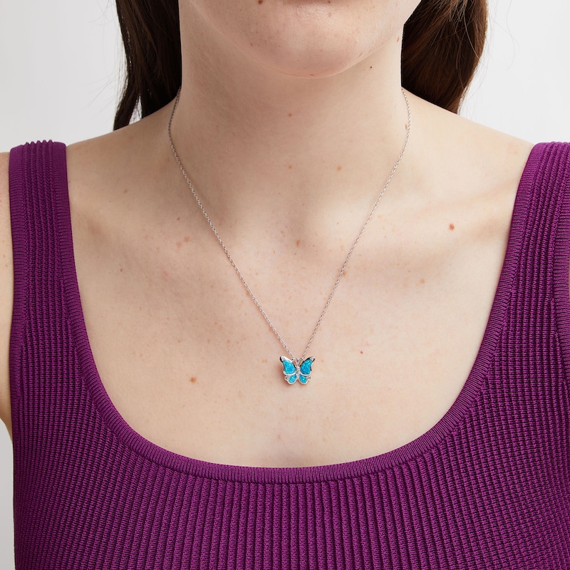 Blue Lab-Created Opal and White Lab-Created Sapphire Butterfly Pendant in Sterling Silver - 18”