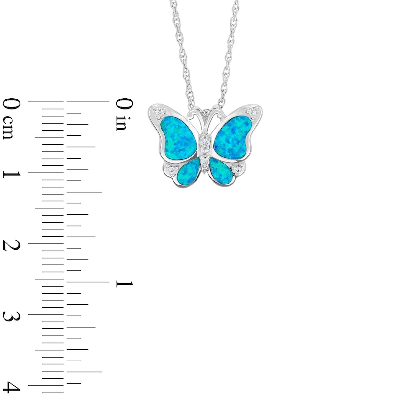 Blue Lab-Created Opal and White Lab-Created Sapphire Butterfly Pendant in Sterling Silver - 18”