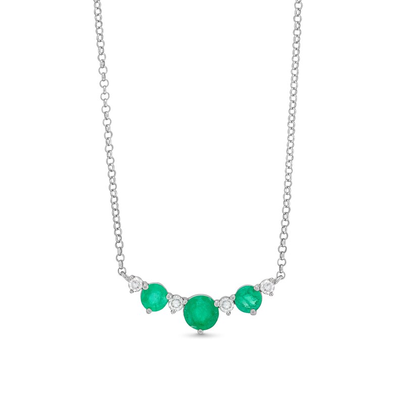 Main Image 1 of Emerald and 1/6 CT. T.W. Diamond Three-Stone Necklace in Sterling Silver - 18”