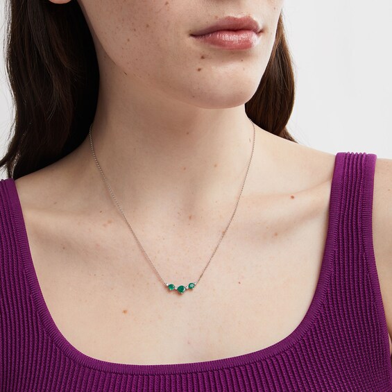 Emerald and 1/6 CT. T.w. Diamond Three-Stone Necklace in Sterling Silver - 18â