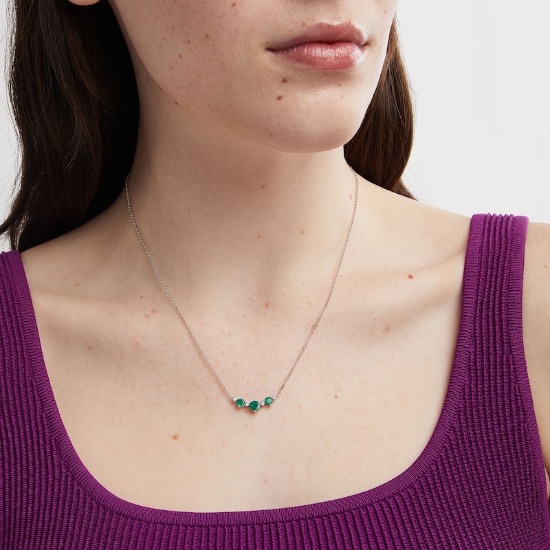 Main Image 2 of Emerald and 1/6 CT. T.W. Diamond Three-Stone Necklace in Sterling Silver - 18”