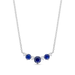Blue Sapphire and 1/6 CT. T.W. Diamond Three-Stone Necklace in Sterling Silver – 18