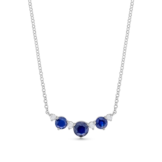 Blue Sapphire and 1/6 CT. T.w. Diamond Three-Stone Necklace in Sterling Silver â 18