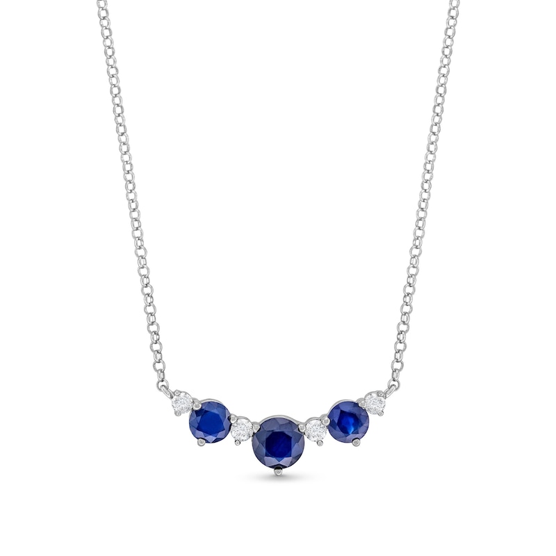 Main Image 1 of Blue Sapphire and 1/6 CT. T.W. Diamond Three-Stone Necklace in Sterling Silver – 18
