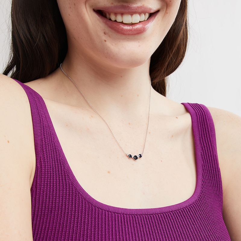 Main Image 2 of Blue Sapphire and 1/6 CT. T.W. Diamond Three-Stone Necklace in Sterling Silver – 18
