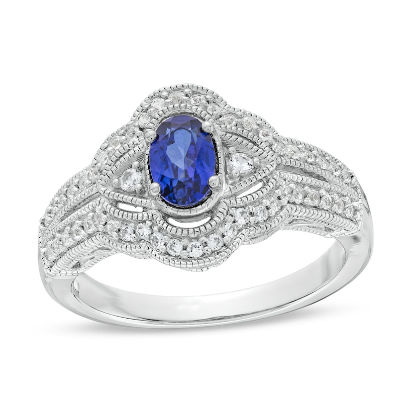 Main Image 1 of Oval Blue Lab-Created Sapphire and White Lab-Created Sapphire Vintage-Style Ring in Sterling Silver