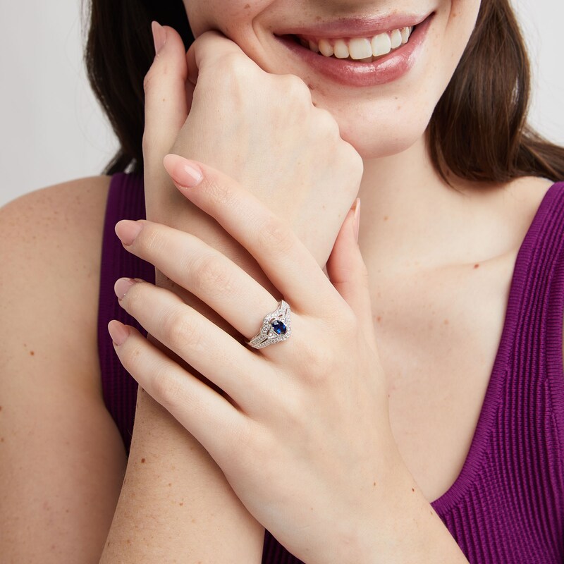 Main Image 2 of Oval Blue Lab-Created Sapphire and White Lab-Created Sapphire Vintage-Style Ring in Sterling Silver