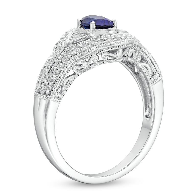 Main Image 3 of Oval Blue Lab-Created Sapphire and White Lab-Created Sapphire Vintage-Style Ring in Sterling Silver