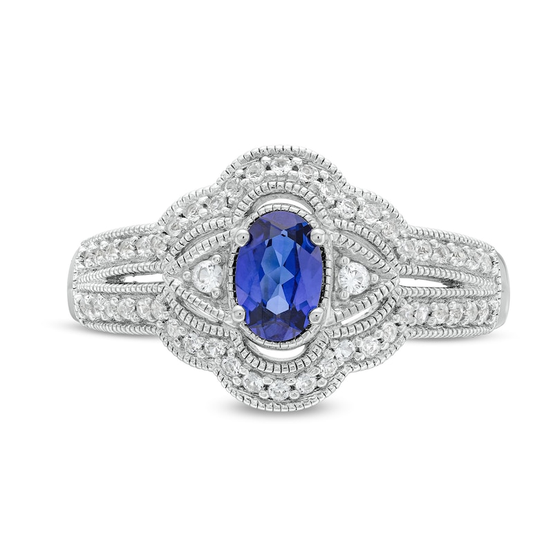 Main Image 4 of Oval Blue Lab-Created Sapphire and White Lab-Created Sapphire Vintage-Style Ring in Sterling Silver