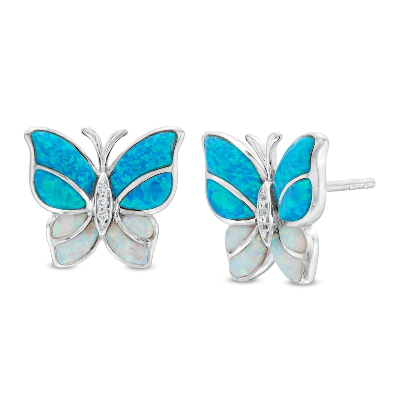 Main Image 1 of Blue and White Lab-Created Opal and White Lab-Created Sapphire Stud Earrings in Sterling Silver