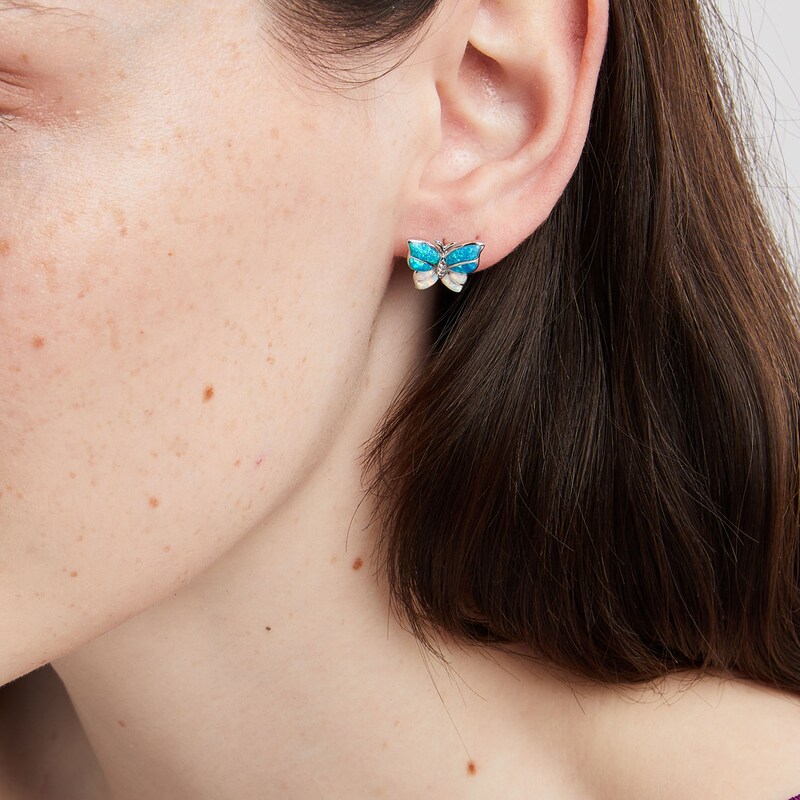 Main Image 2 of Blue and White Lab-Created Opal and White Lab-Created Sapphire Stud Earrings in Sterling Silver