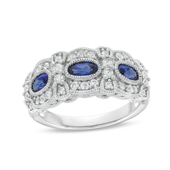 Oval Blue Lab-Created Sapphire and White Lab-Created Sapphire Vintage-Style Three-Stone Ring in Sterling Silver