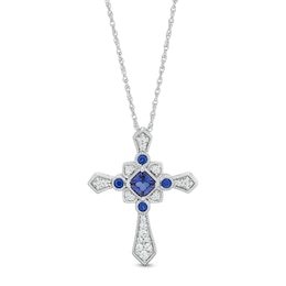 Princess-Cut and Round Blue and White Lab Created Sapphire Vintage-Style Cross Pendant in Sterling Silver – 18”