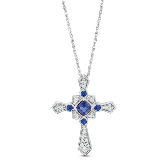 Princess-Cut and Round Blue and White Lab Created Sapphire Vintage-Style Cross Pendant in Sterling Silver â 18â