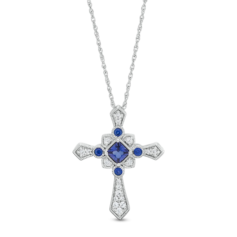 Main Image 1 of Princess-Cut and Round Blue and White Lab Created Sapphire Vintage-Style Cross Pendant in Sterling Silver – 18”
