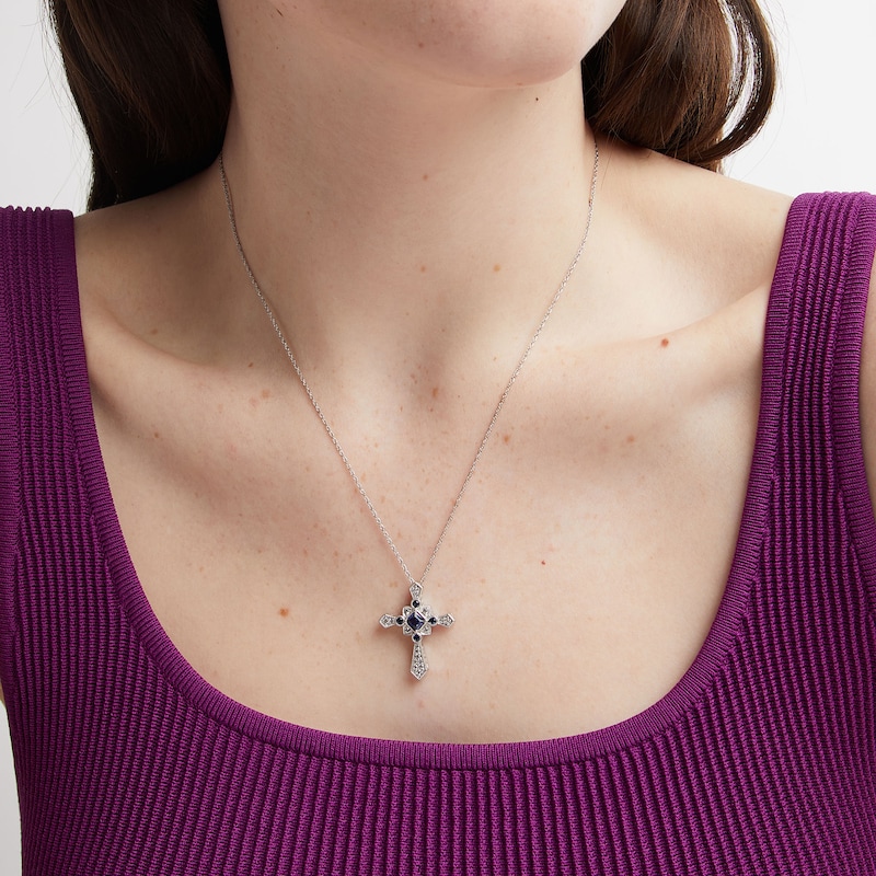 Main Image 2 of Princess-Cut and Round Blue and White Lab Created Sapphire Vintage-Style Cross Pendant in Sterling Silver – 18”