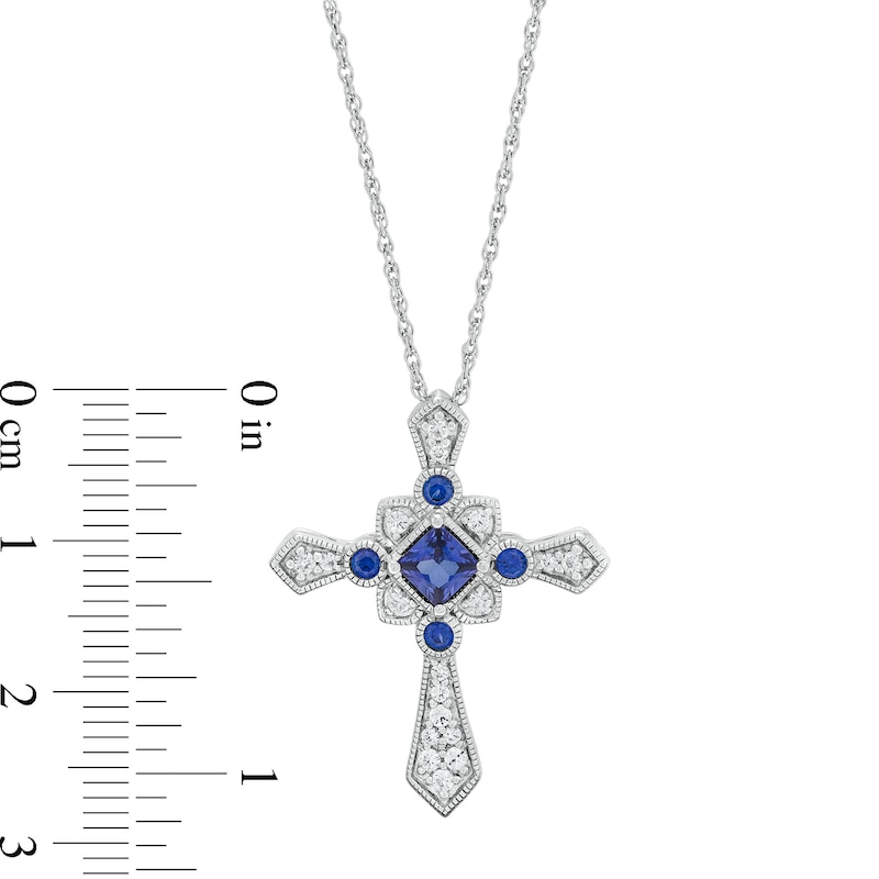 Main Image 3 of Princess-Cut and Round Blue and White Lab Created Sapphire Vintage-Style Cross Pendant in Sterling Silver – 18”