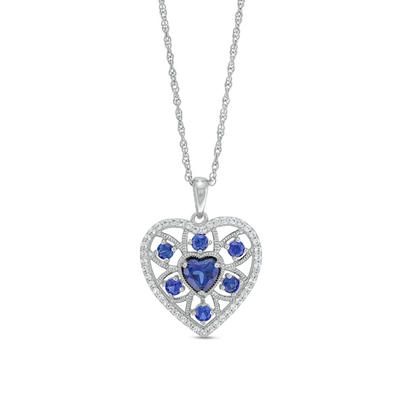 Heart-Shaped and Round Blue and White Lab Created Sapphire Vintage-Style Heart Pendant in Sterling Silver â 18â