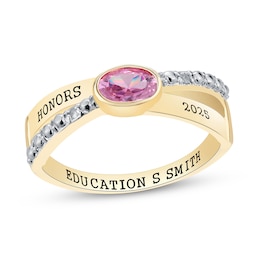 Oval Simulated Birthstone and Diamond Accent Criss-Cross Class Ring (1 Stone and 3 Lines)