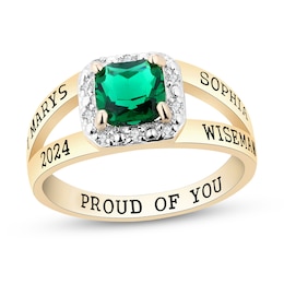 Princess-Cut Simulated Birthstone and 1/15 CT. T.W. Diamond Frame Split Shank Class Ring (1 Stone and 5 Lines)