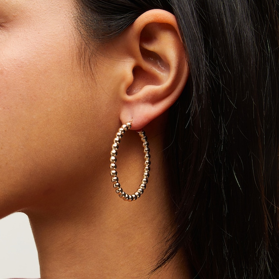 Hollow Beaded 33.0mm Hoop Earrings in 14K Gold