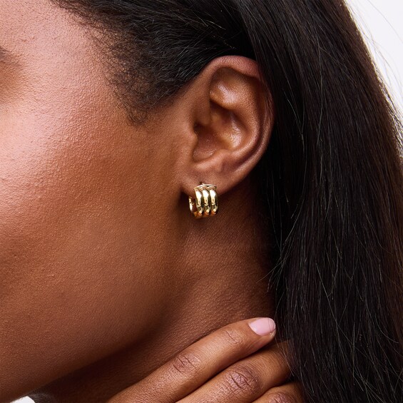 Triple Row Huggie Hoop Earrings in Hollow 10K Gold