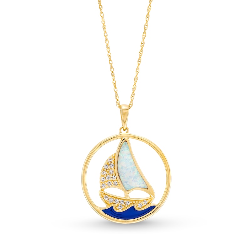 Lab-Created Opal, Blue Enamel and 1/10 CT. T.W. Diamond Sailboat Pendant in 10K Gold