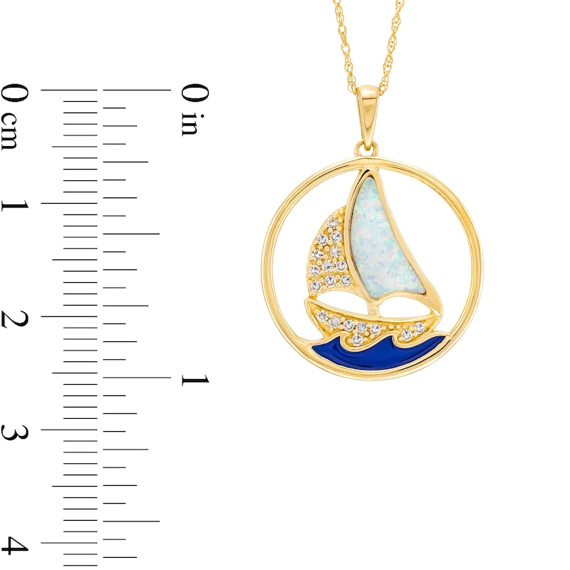 Lab-Created Opal, Blue Enamel and 1/10 CT. T.W. Diamond Sailboat Pendant in 10K Gold