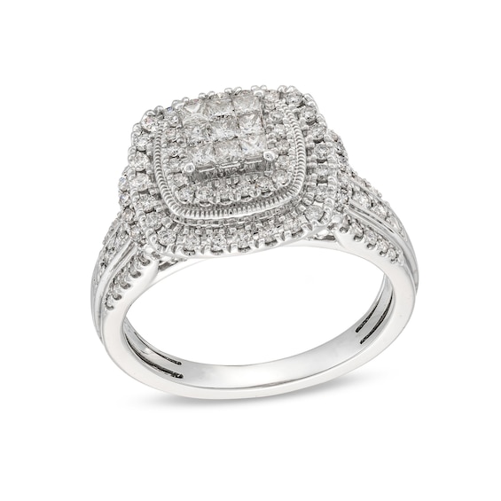 3/4 CT. T.w. Princess-Cut Multi-Diamond Cushion Frame Collar Triple Row Vintage-Style Engagement Ring in 10K White Gold