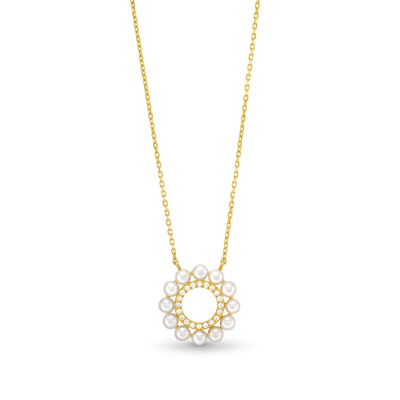 Cultured Pearl and 1/15 CT. T.w. Diamond Mini Circle Necklace in 10K Gold-18â
