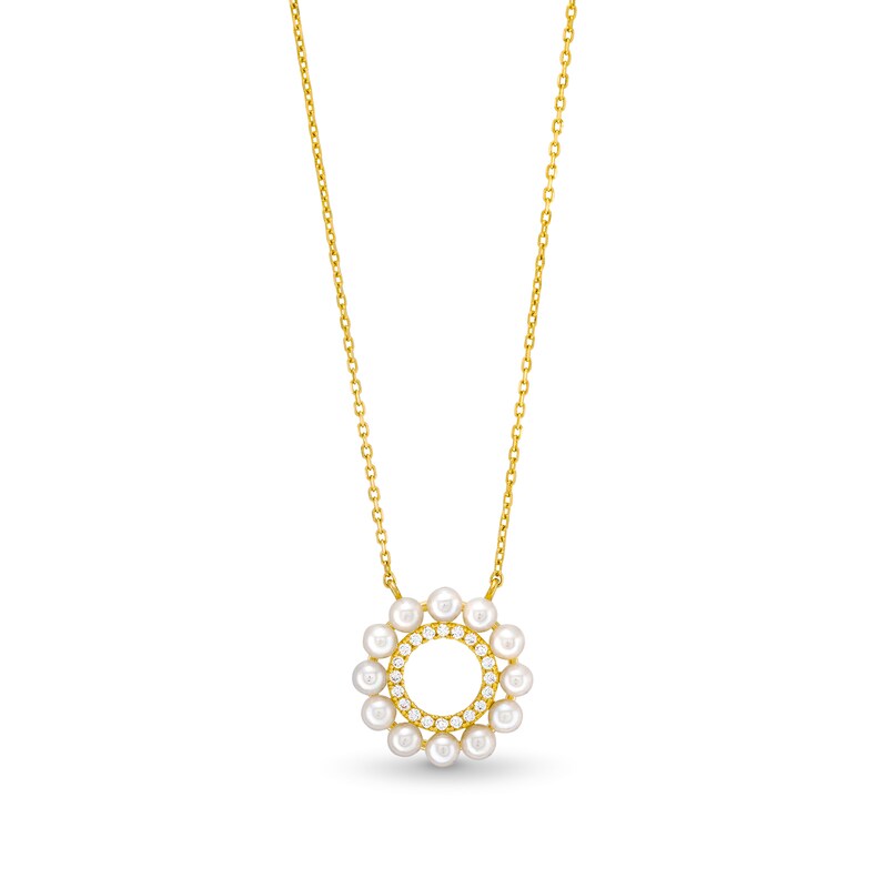 Main Image 1 of Cultured Pearl and 1/15 CT. T.W. Diamond Mini Circle Necklace in 10K Gold-18”